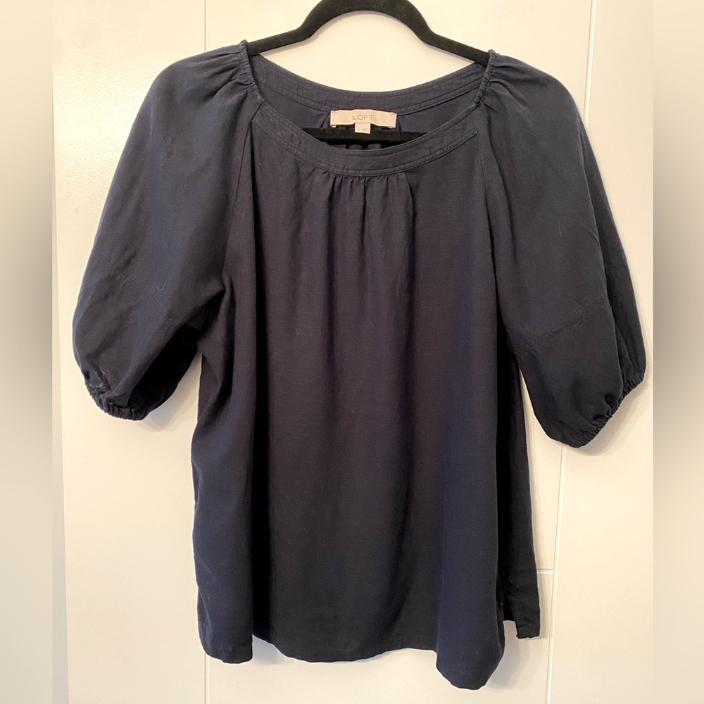 LOFT- Linen Blue Blouse w/Puff Sleeves